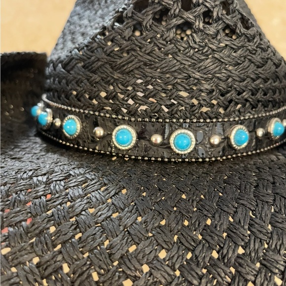 Shyanne Black Woven Cowboy Hat w/ Faux Turquoise Accents Adjustable OSFM - Picture 9 of 9